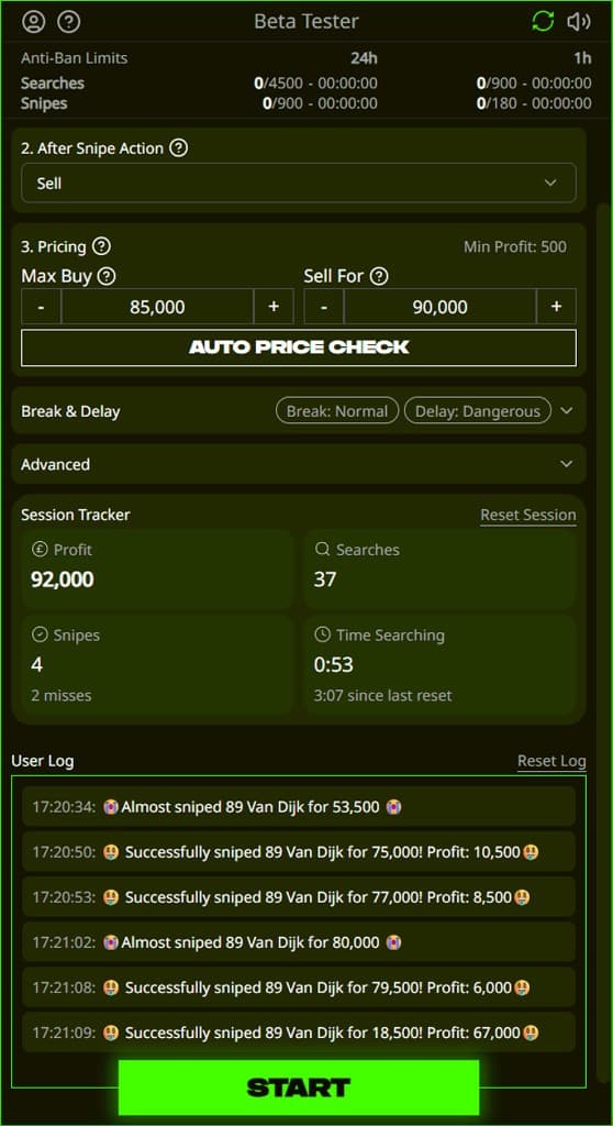 Stevie's Sniper panel after sniping 89 Van Dijk, showing profit, searches and the user log